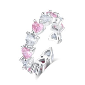 A row of pink and white hearts eternity open ring