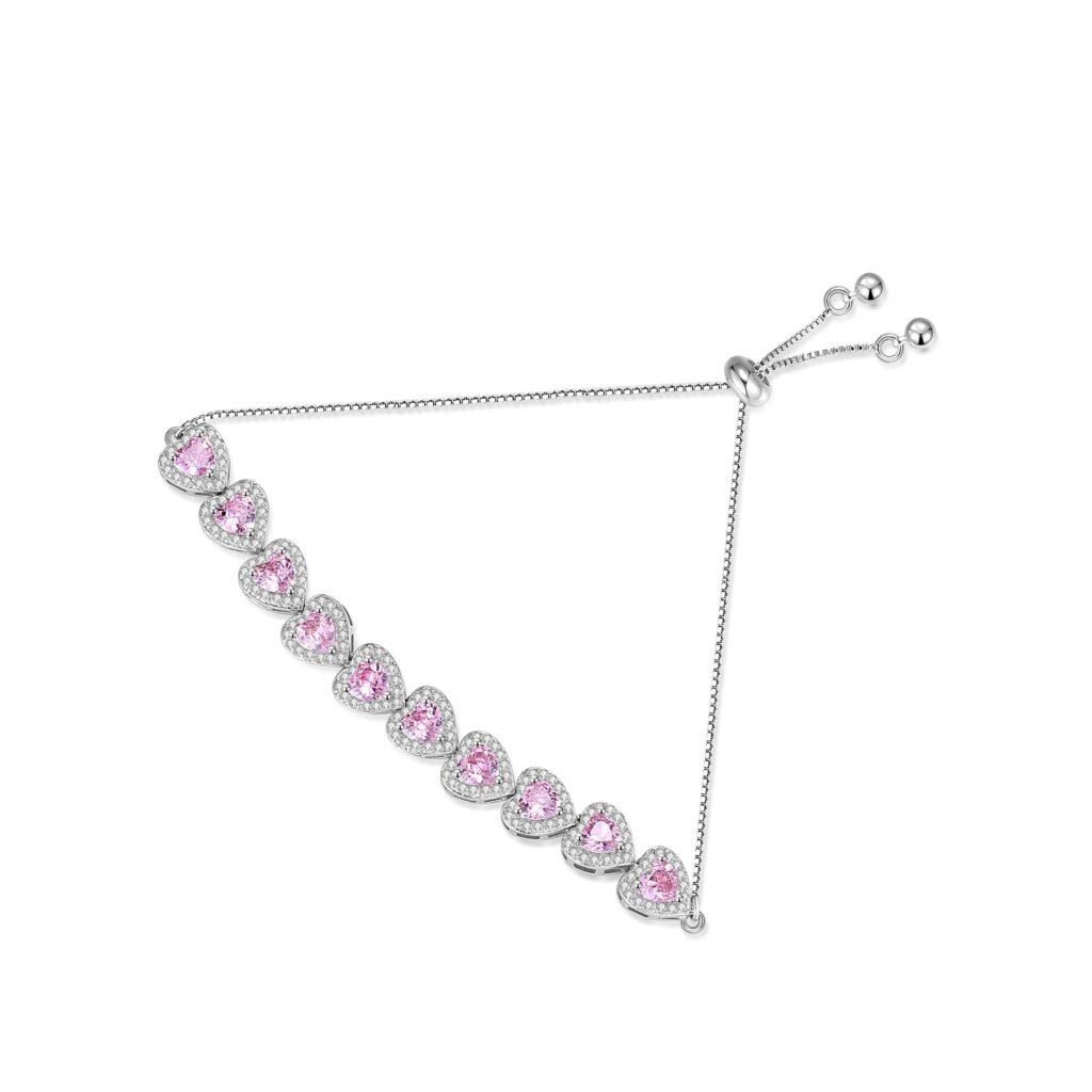 Tennis Bracelet Halo Heart Shaped Pink Adjustable Bolo Bracelet