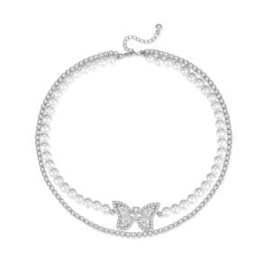 Butterfly sparking multi layer with tennis and pearl necklace