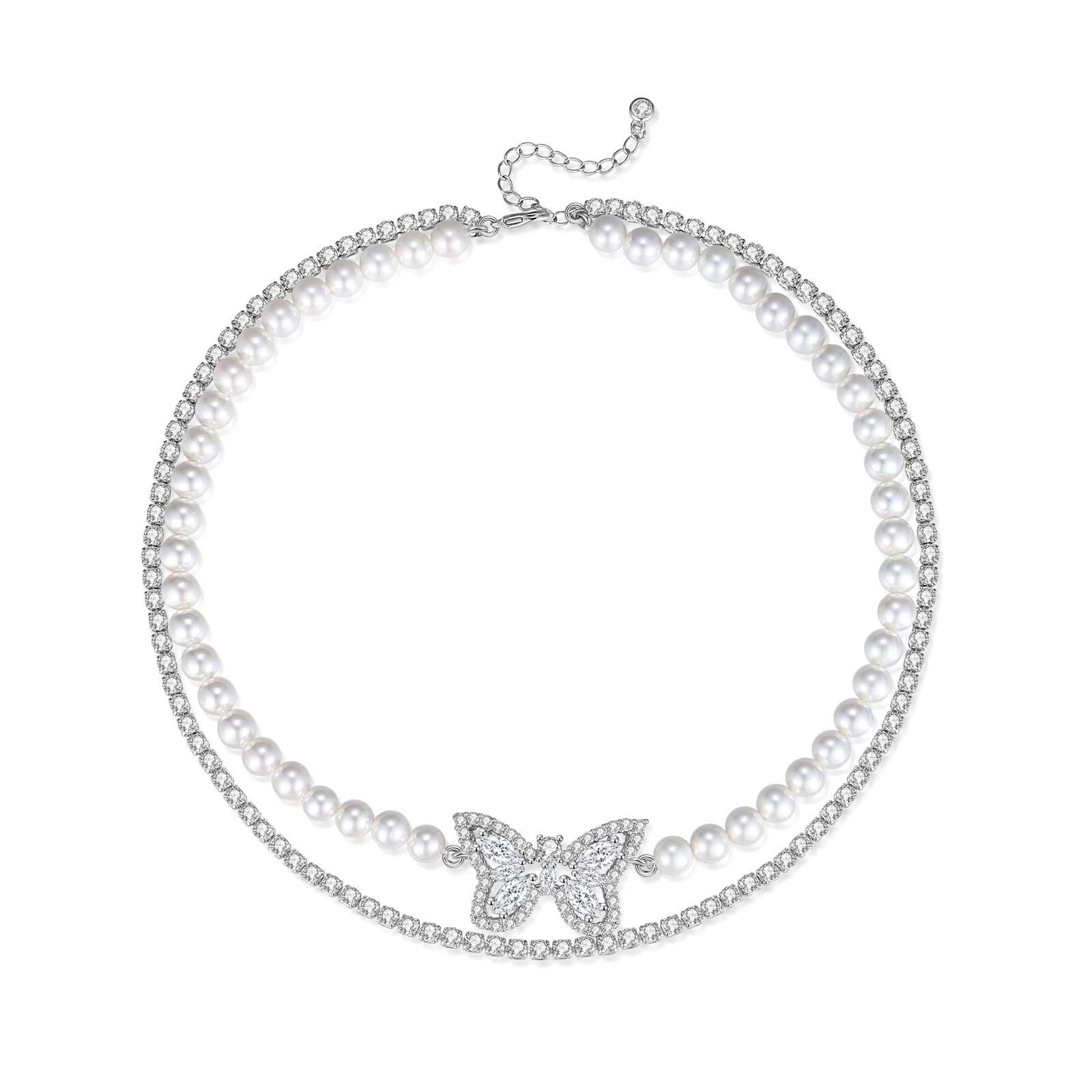 Butterfly sparking multi layer with tennis and pearl necklace