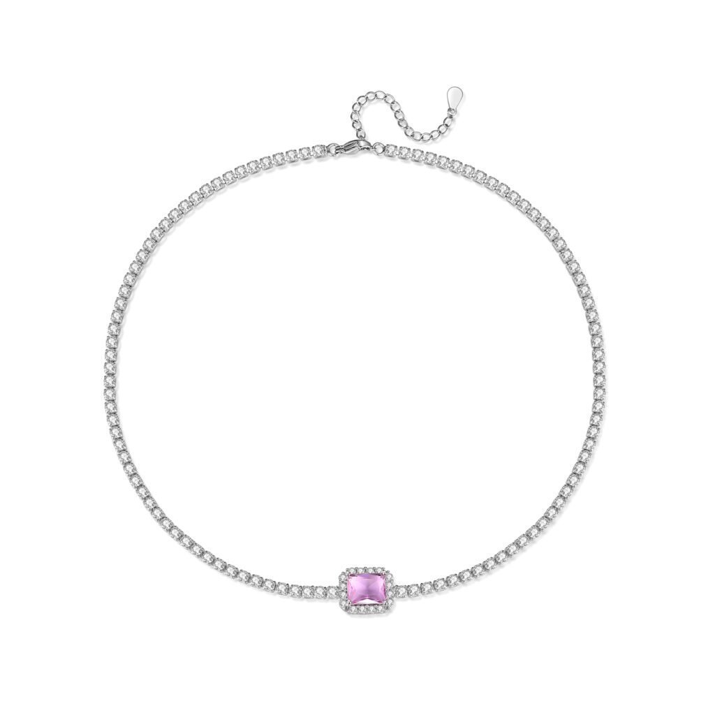 Pink Emerald Cut Center Halo Tennis Necklace/Choker